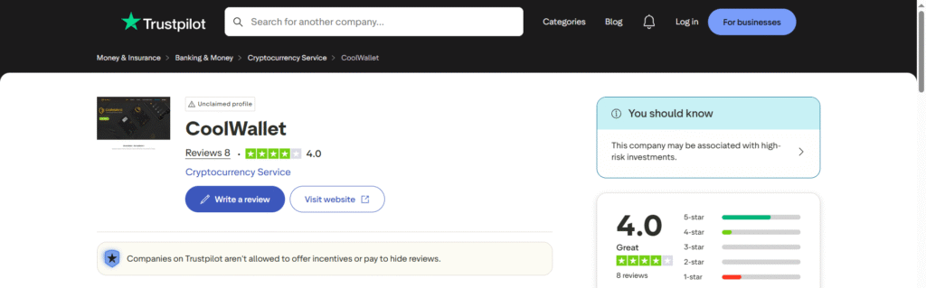 coolwallet trustpilot rating