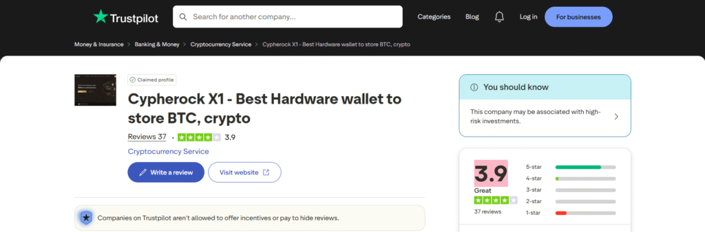 cypherock x1 trustpilot rating