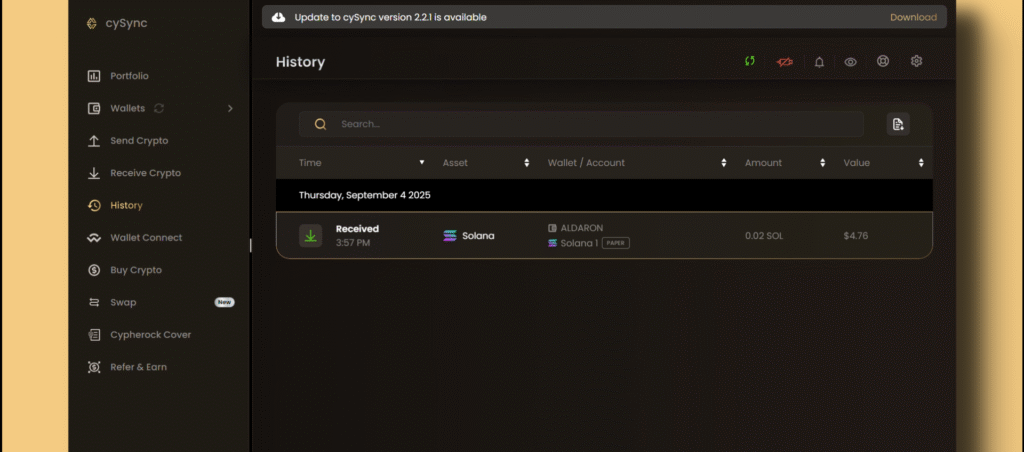 cypherock cysync app transaction history